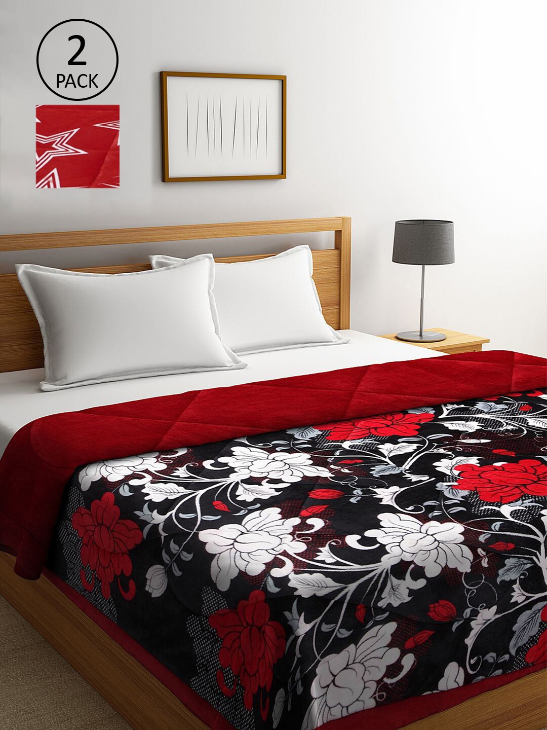 

KLOTTHE Red & Black Set of 2 Floral Heavy Winter Double Bed Quilt