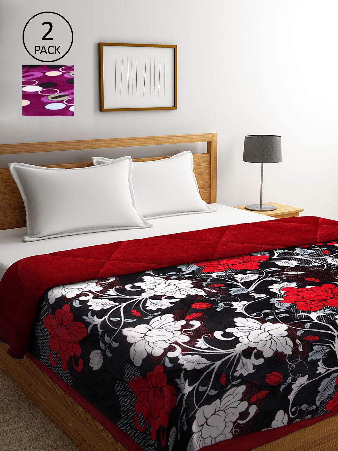 

KLOTTHE Set Of 2 Black & White Floral Printed 800 GSM Double Bed Quilt