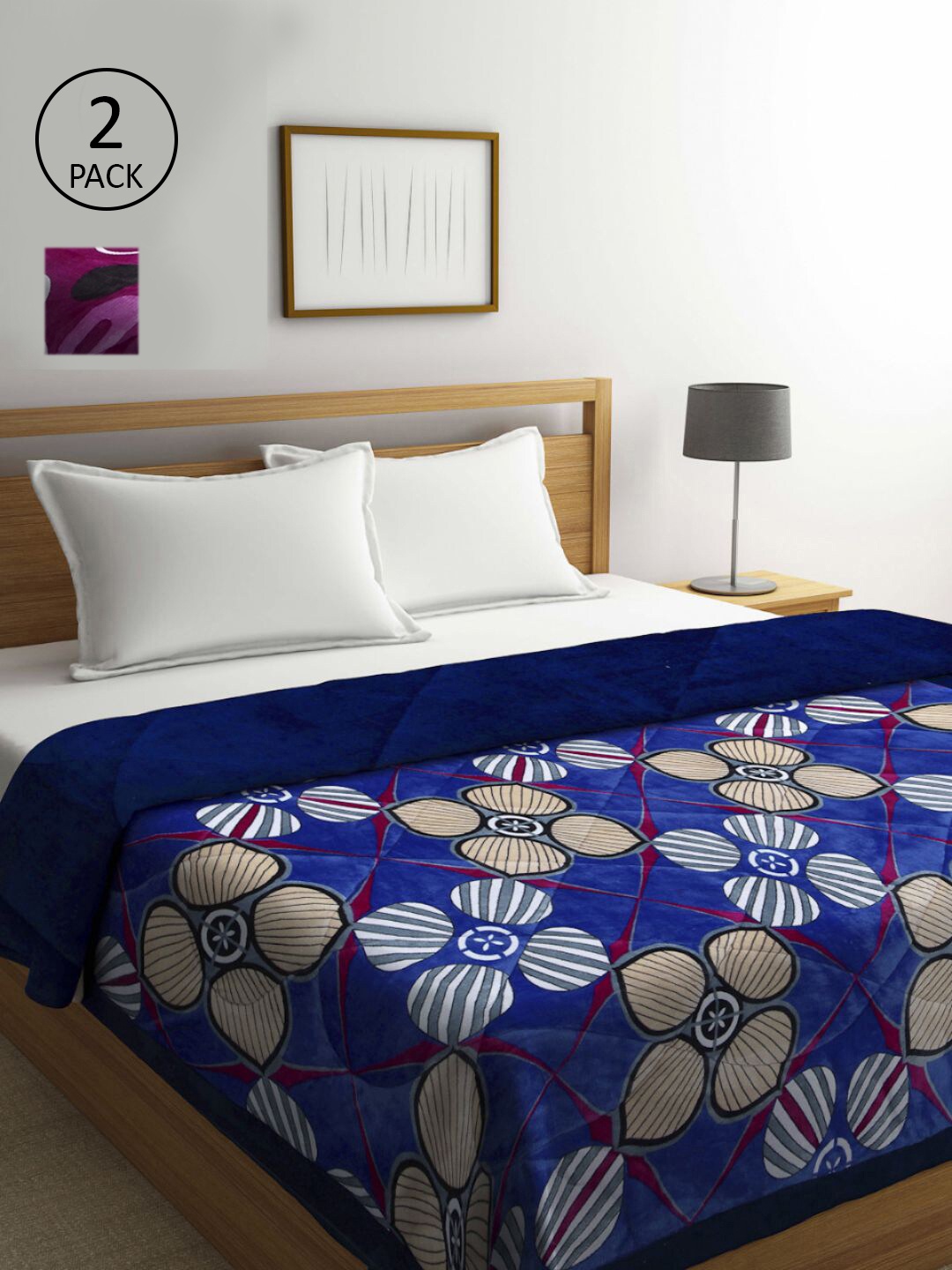 

KLOTTHE Blue & Magenta Set of 2 Floral Heavy Winter Double Bed Quilt