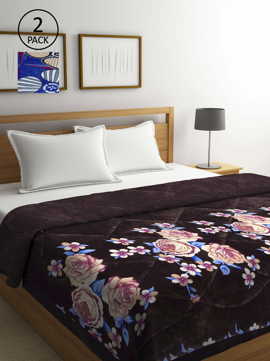 

KLOTTHE Brown & Blue Set of 2 Floral Heavy Winter Double Bed Quilt