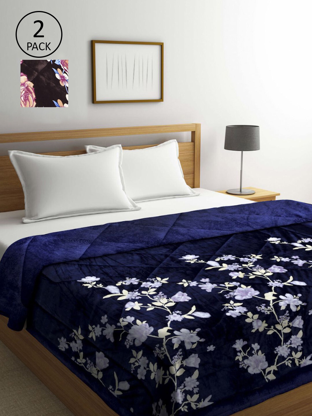 

KLOTTHE Blue & Brown Set of 2 Floral Heavy Winter Double Bed Quilts