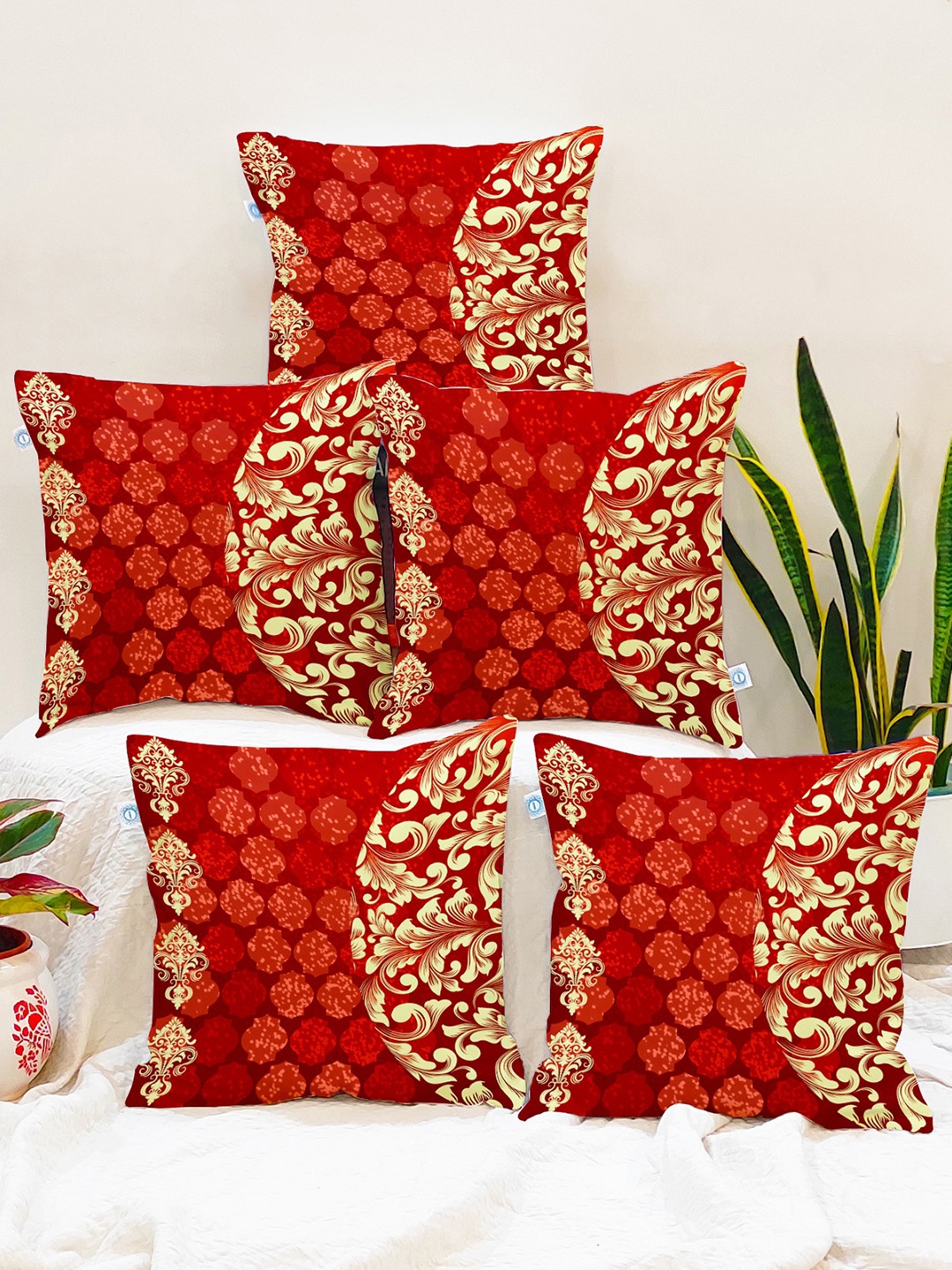 

STITCHNEST Maroon & Beige Set of 5 Ethnic Motifs Square Cushion Covers
