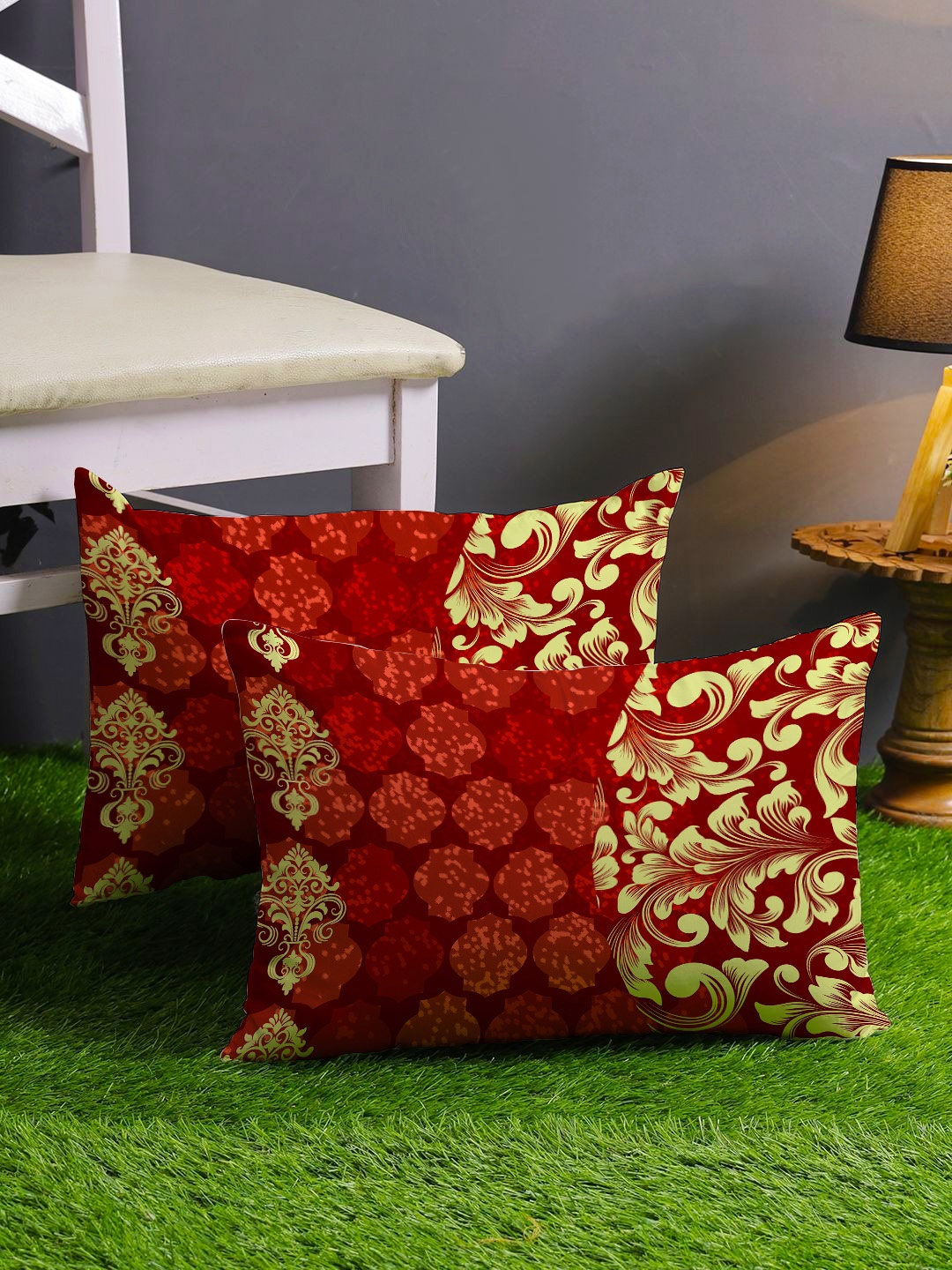 

STITCHNEST Maroon & Yellow Set of 2 Ethnic Motifs Rectangle Cushion Covers