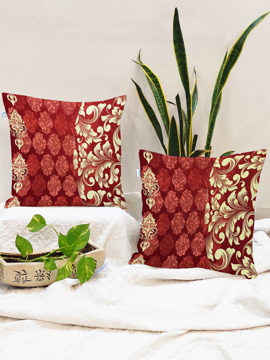 

STITCHNEST Maroon & Beige Set of 2 Ethnic Motifs Square Cushion Covers