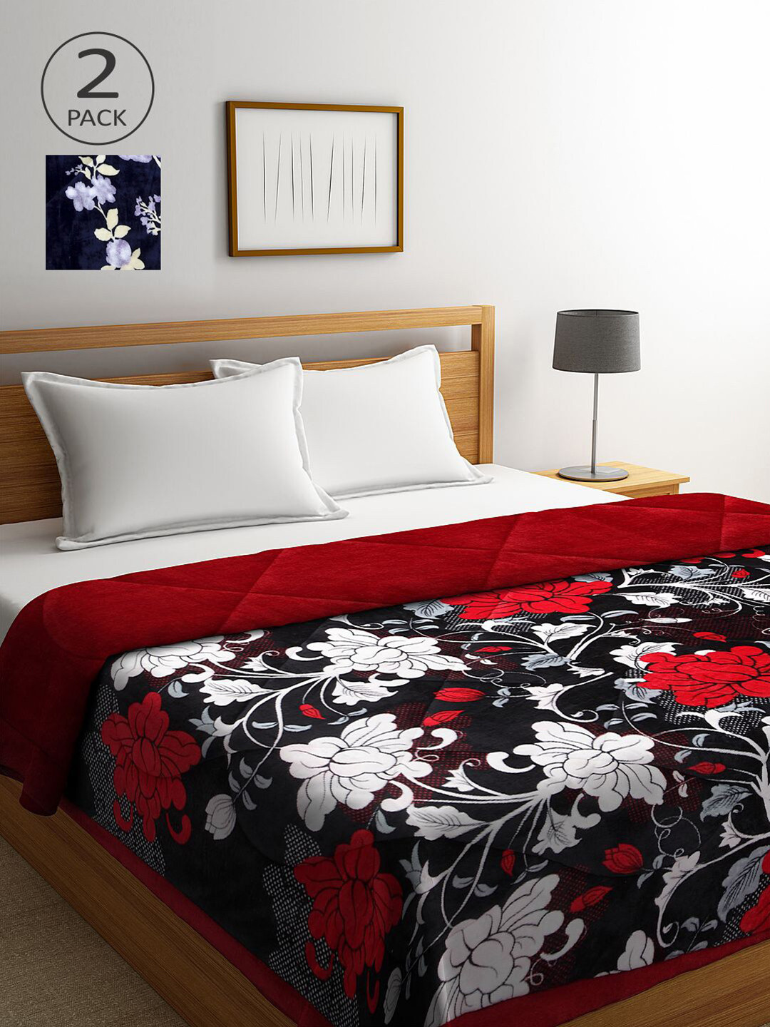 

KLOTTHE Red & Navy Blue Set of 2 Floral Heavy Winter Double Bed Quilt
