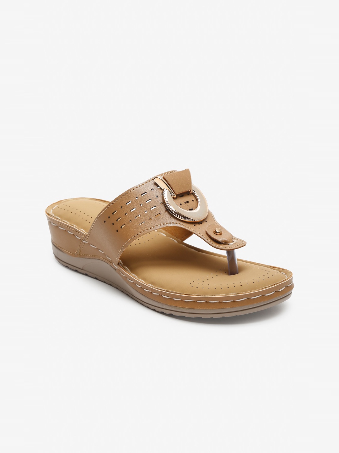 

Misto Women Beige Embellished T-Strap Flats with Laser Cuts