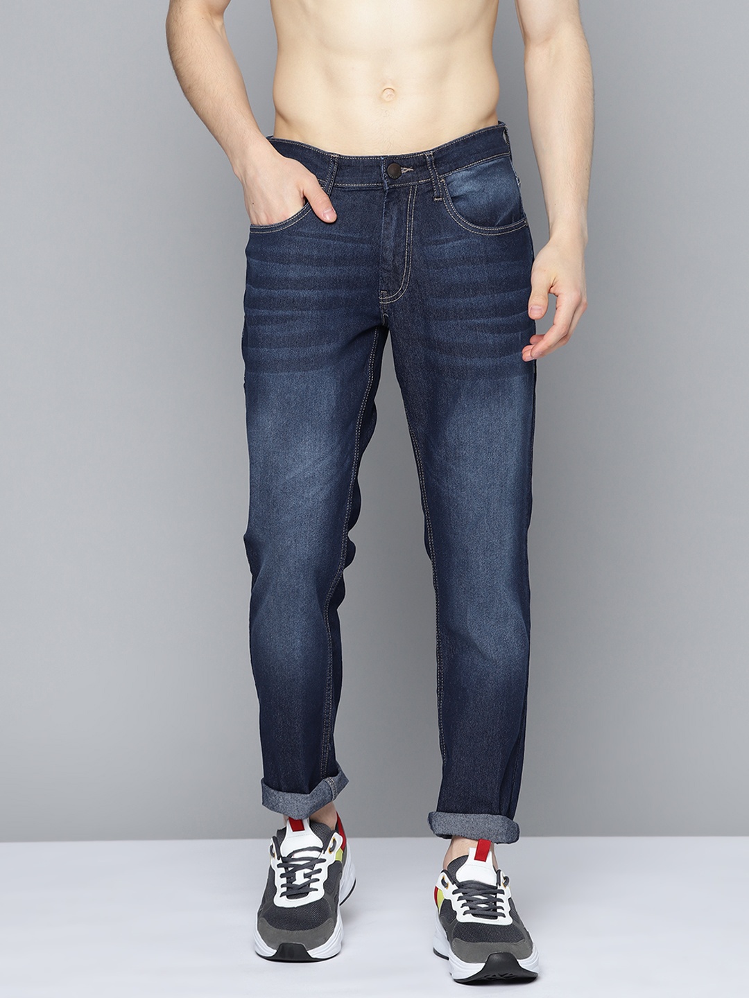 

HERE&NOW Men Navy Blue Whiskers & Chevrons Effect Stretchable Jeans