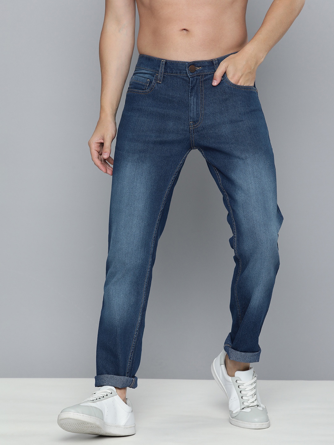 

HERE&NOW Men Slim Fit Heavy Fade Stretchable Jeans, Blue