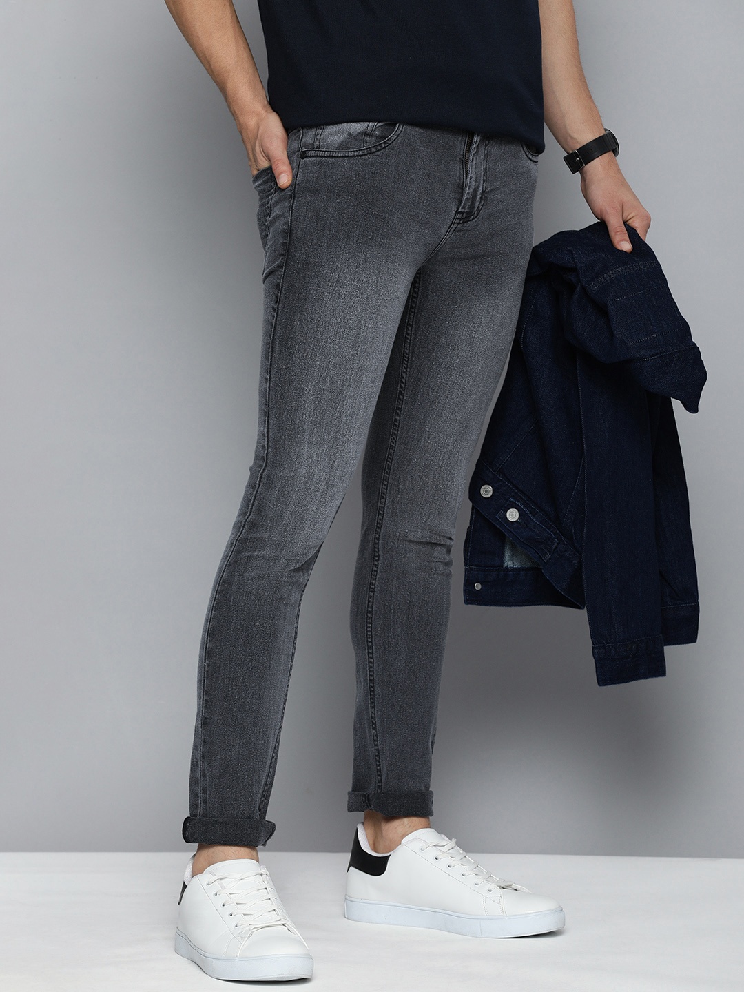 

HERE&NOW Men Grey Skinny Fit Heavy Fade Acid Wash Stretchable Jeans