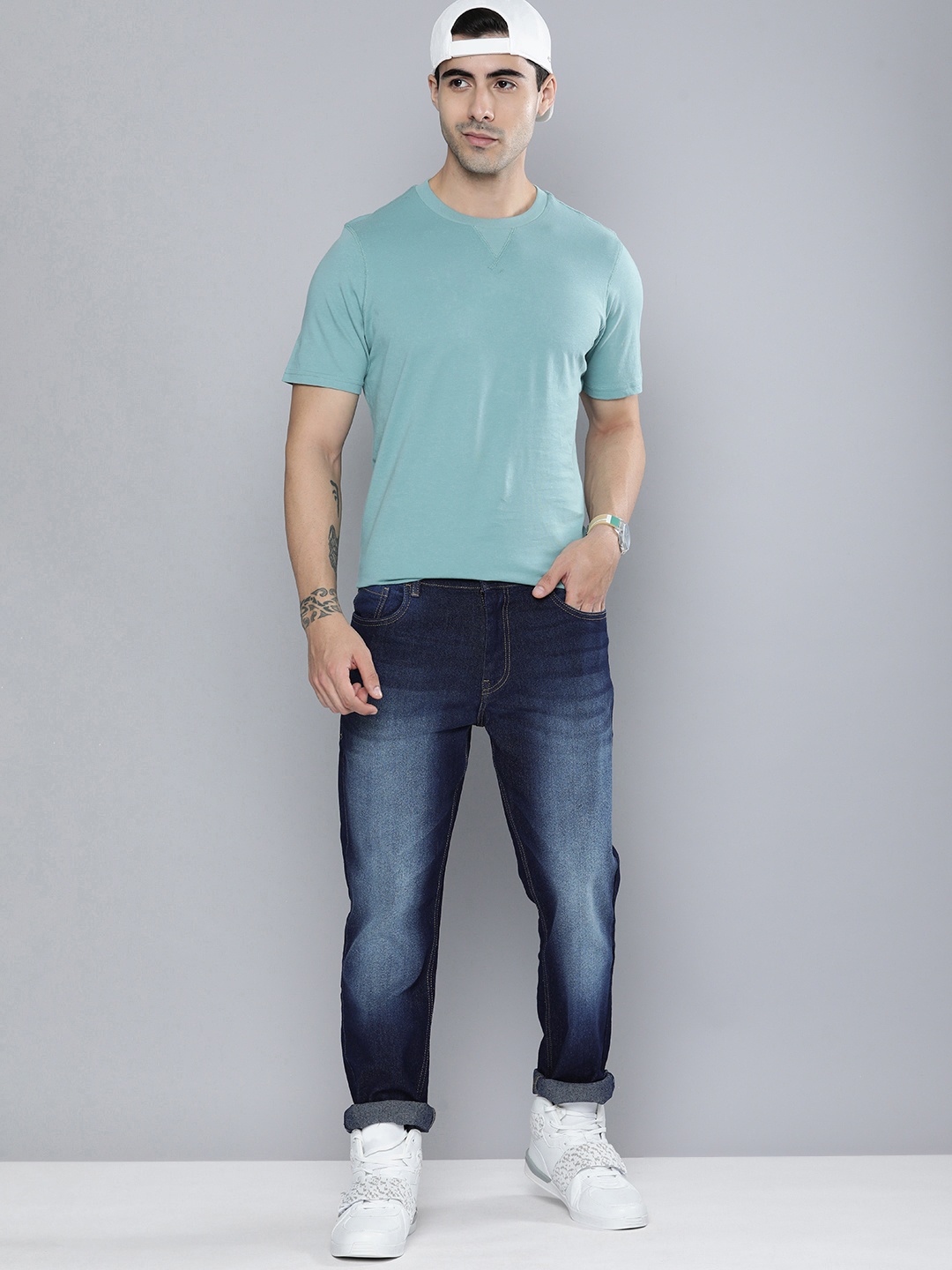 

HERE&NOW Men Slim Fit Heavy Fade Stretchable Jeans, Blue