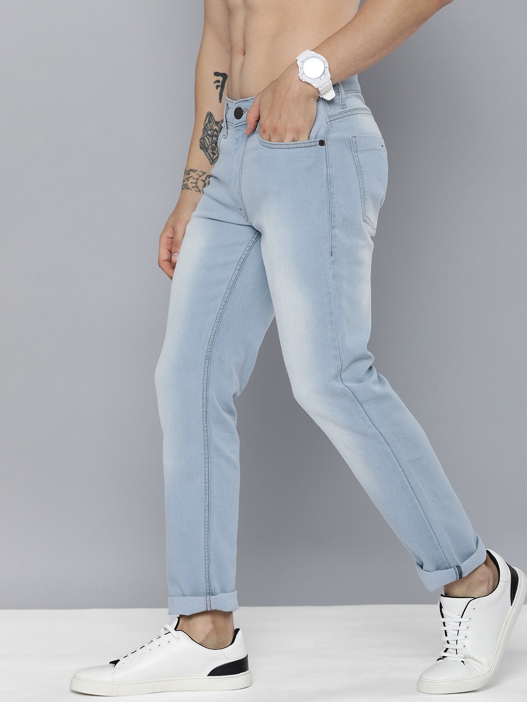 

HERE&NOW Men Light Blue Slim Fit Mid-Rise Heavy Fade Jeans