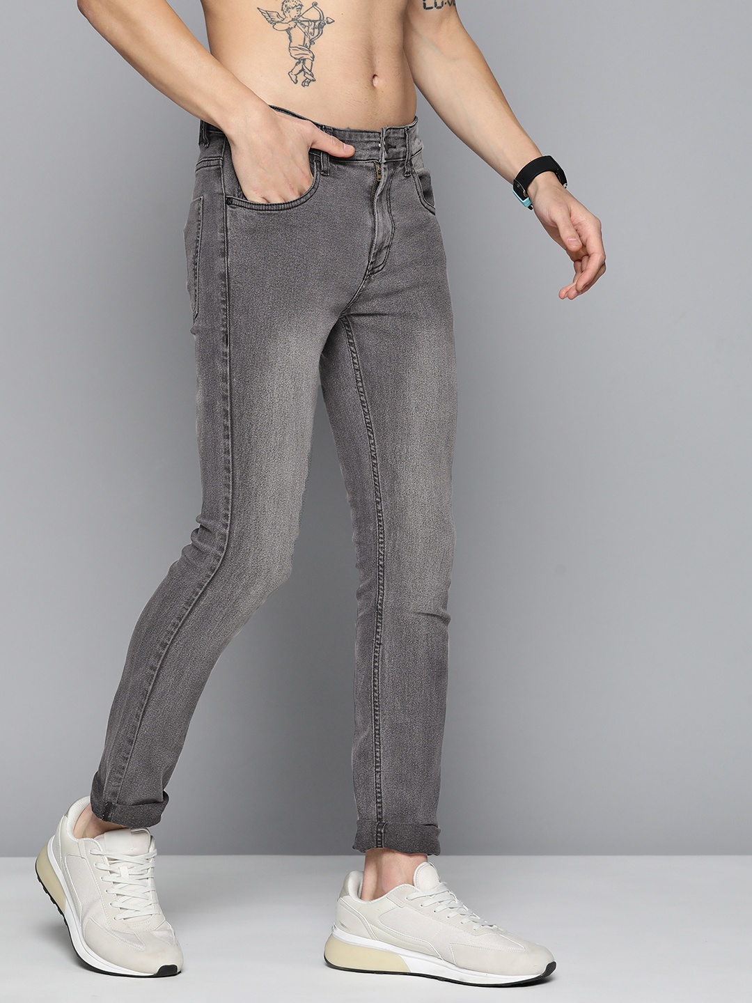 

HERE&NOW Men Skinny Fit Light Fade Stretchable Jeans, Grey