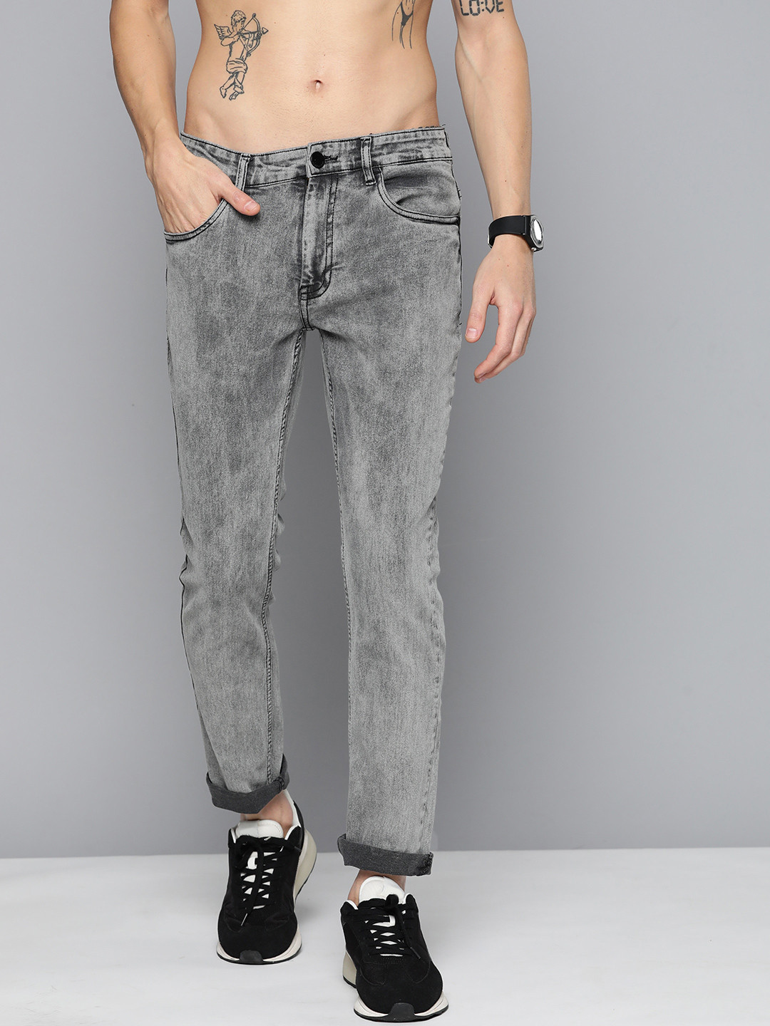 

HERE&NOW Men Slim Fit Light Fade Stretchable Jeans, Grey