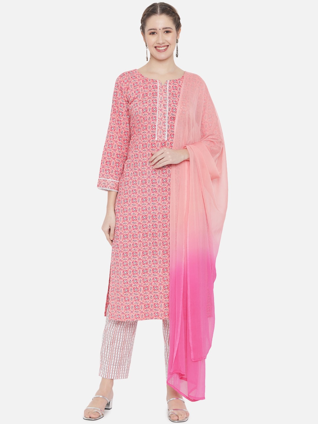 

Prakhya Women Pink Printed Pure Cotton Kurta with Trousers & With Dupatta