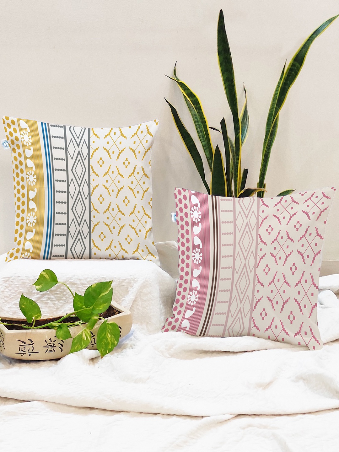 

STITCHNEST Pack Of 2 Peach-Coloured Printed Square Cushion Covers, Pink