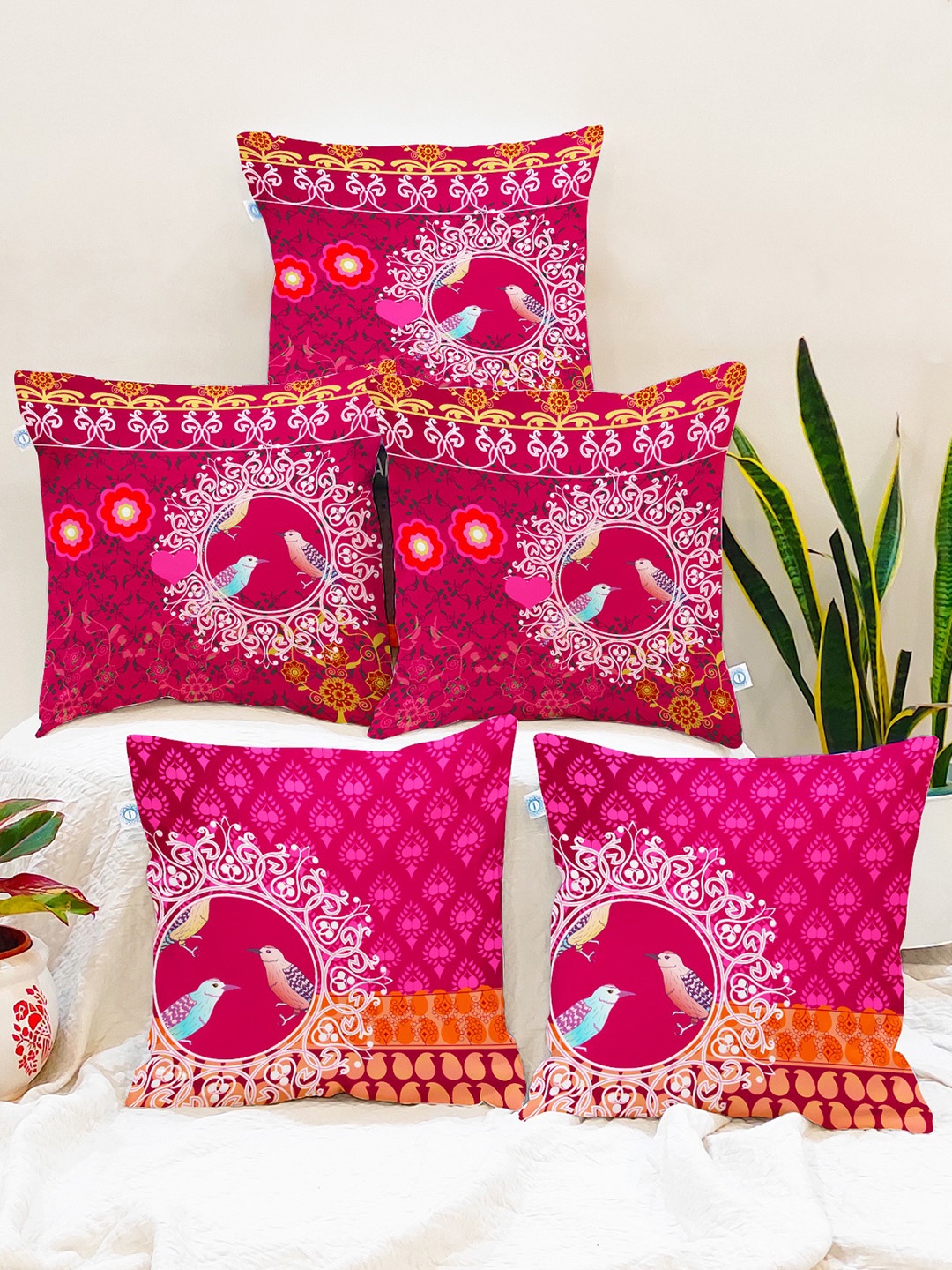 

STITCHNEST Pink & Orange Set of 5 Ethnic Motifs Square Cushion Covers