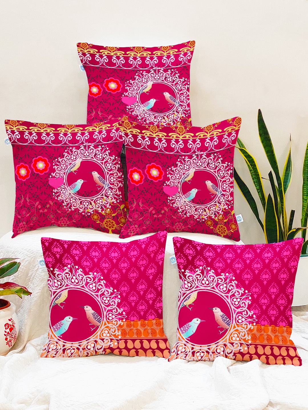 

STITCHNEST Set of 5 Ethnic Motifs Square Cushion Covers, Pink
