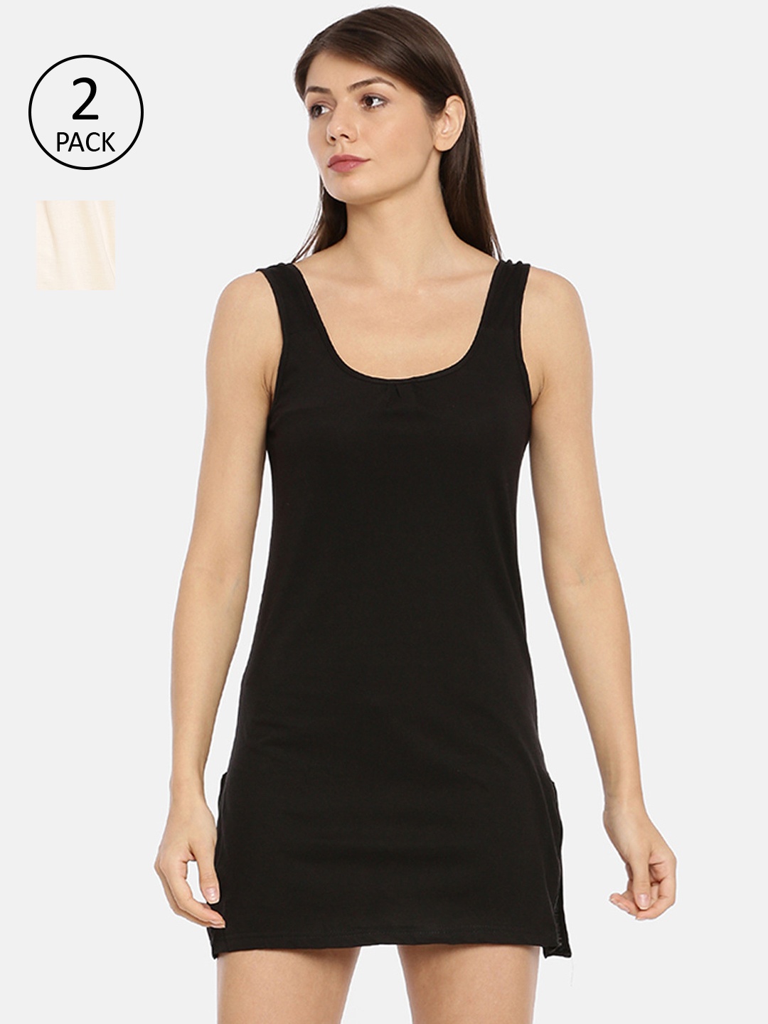 

GOLDSTROMS Women Pack Of 2 Black & Beige Solid Cotton Camisoles