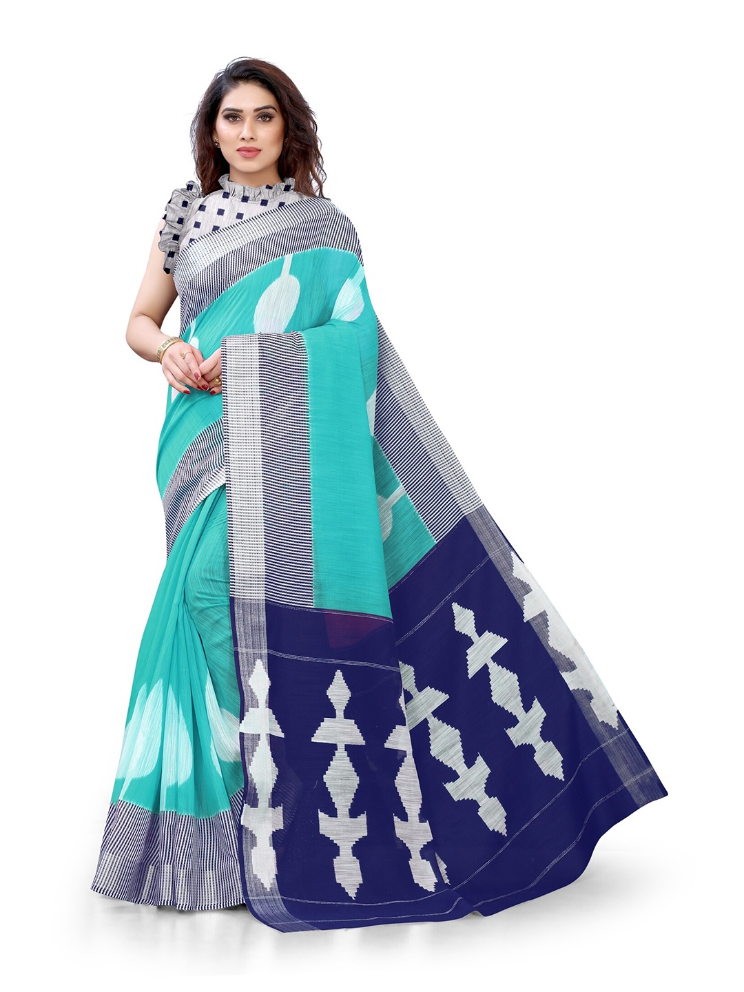 

KALINI Turquoise Blue & Black Floral Zari Saree