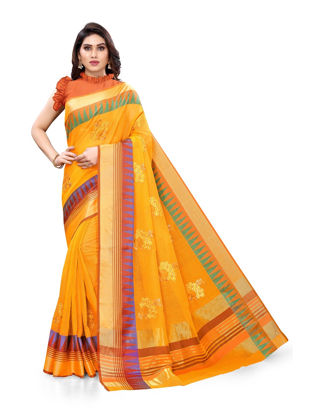 

KALINI Mustard & Red Floral Embroidered Designer Saree