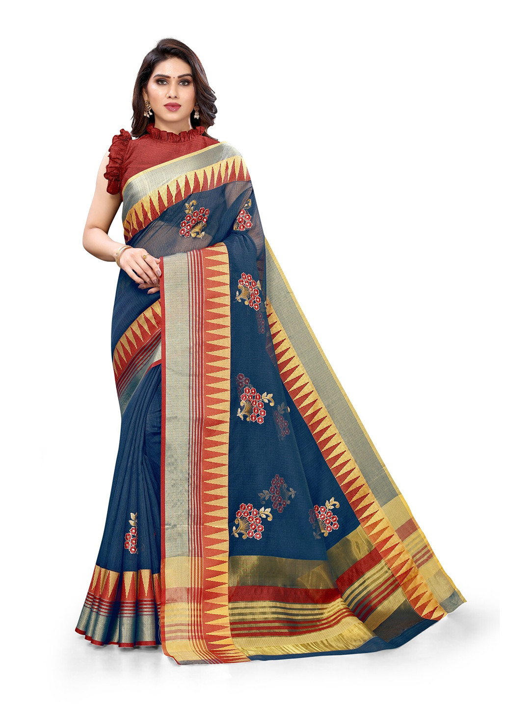 

KALINI Navy Blue & Red Printed Cotton Zari Saree