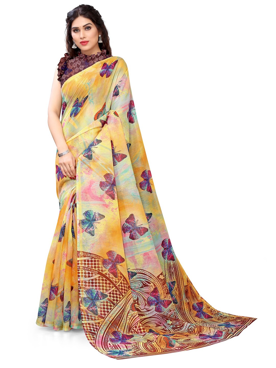 

KALINI Yellow & Pink Ethnic Motifs Saree