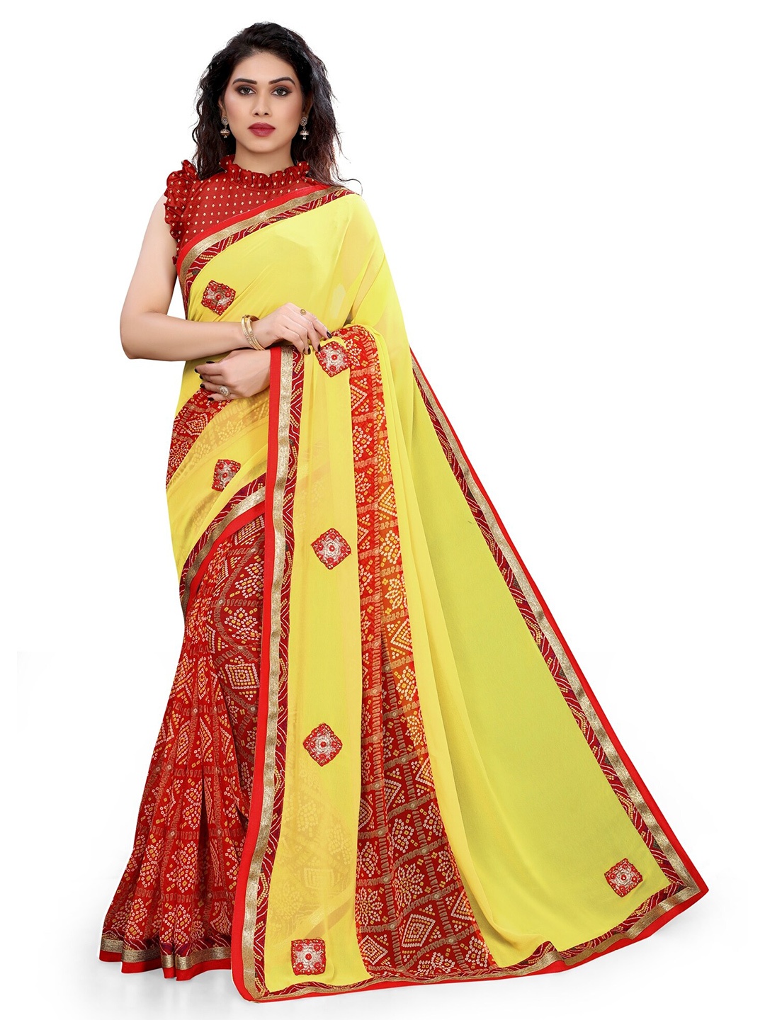 

MIRCHI FASHION Yellow & Red Bandhani Patchwork Bandhani Saree