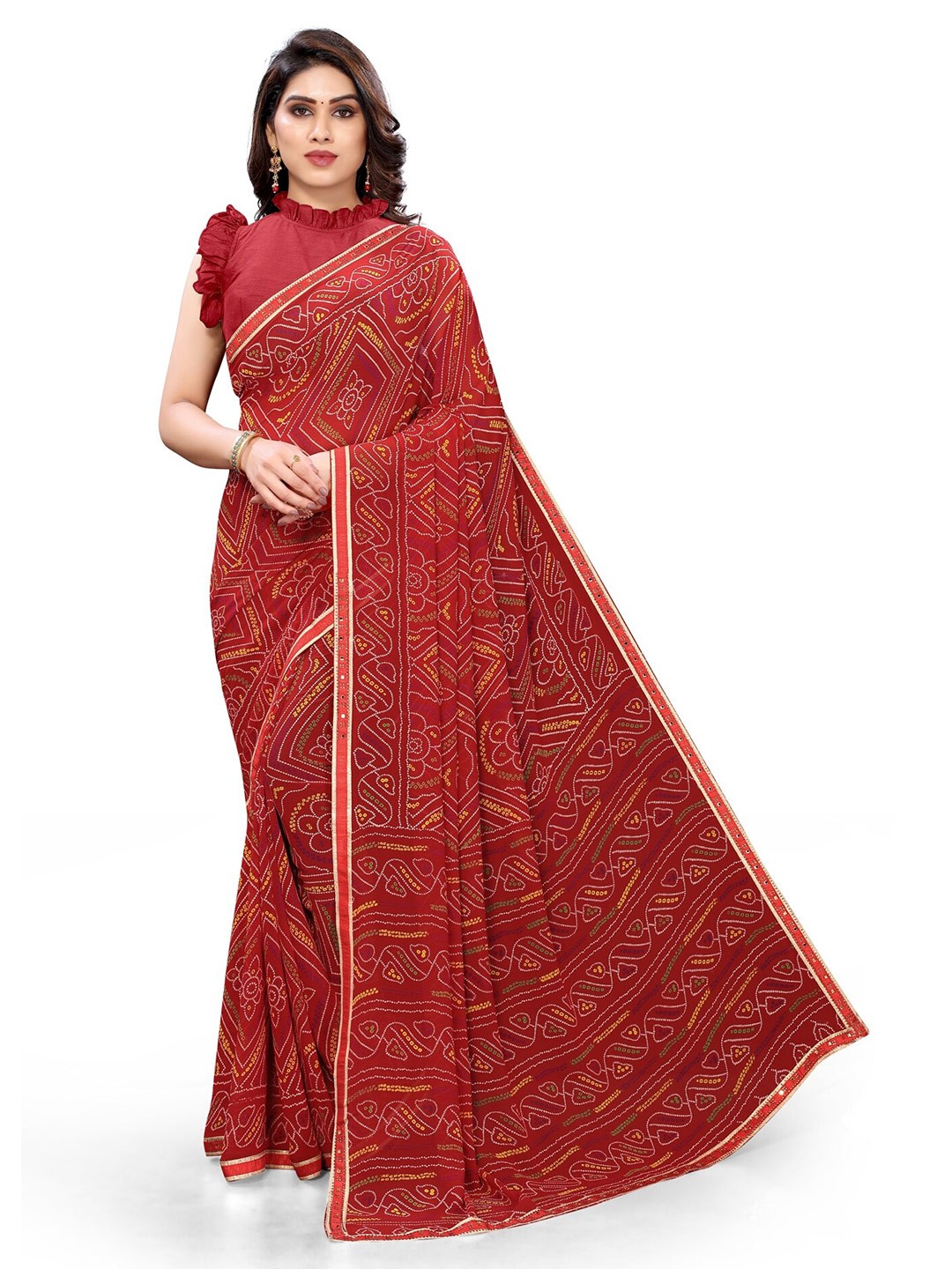 

KALINI Red & Yellow Printed Bandhani Saree