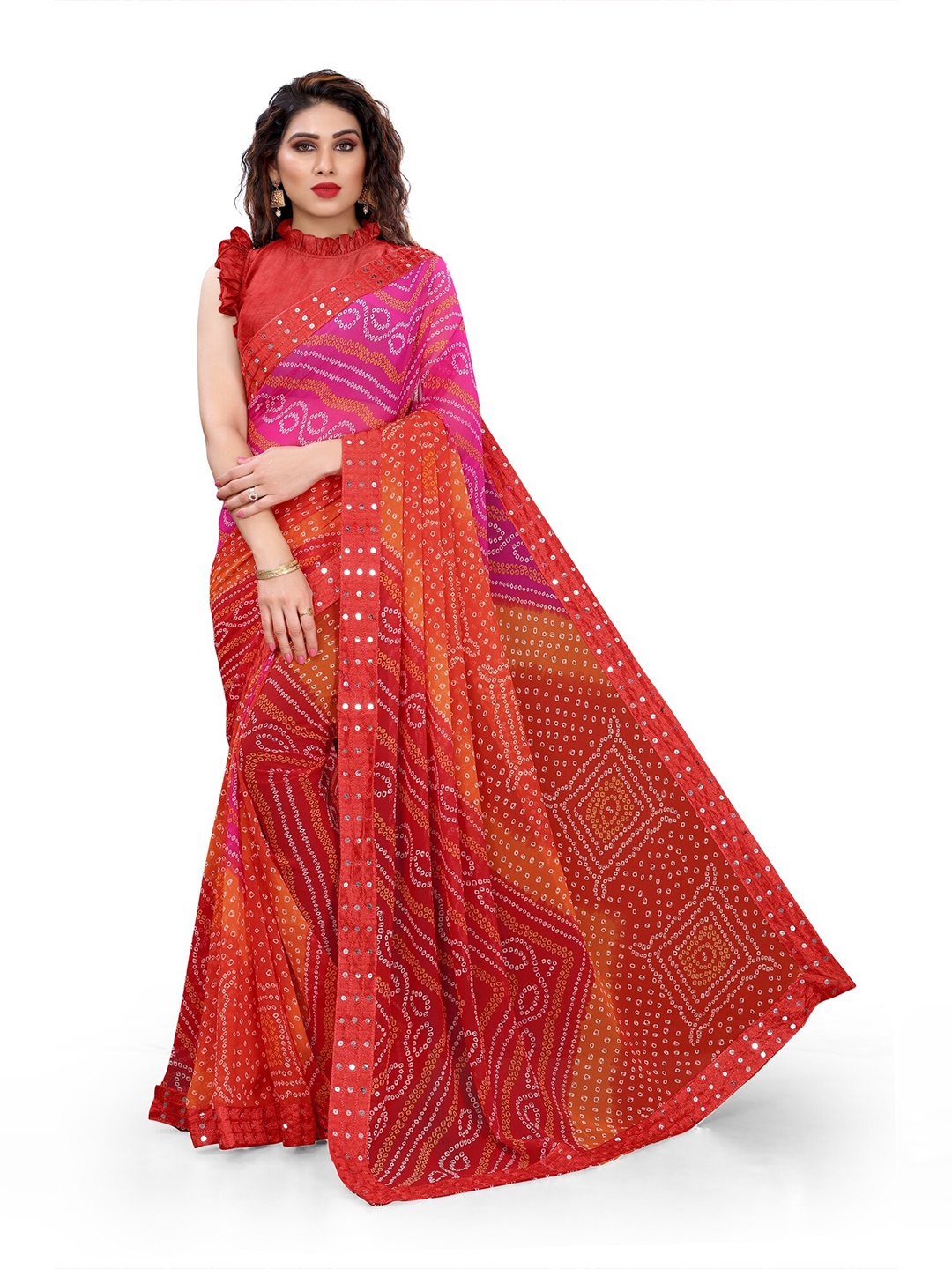 

KALINI Red & Pink Leheriya Printed Poly Georgette Saree