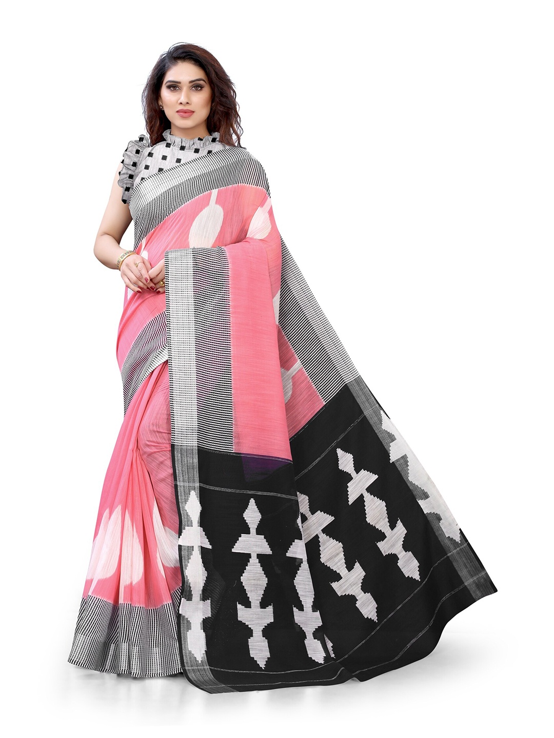 

KALINI Pink & Grey Zari Printed Cotton Saree