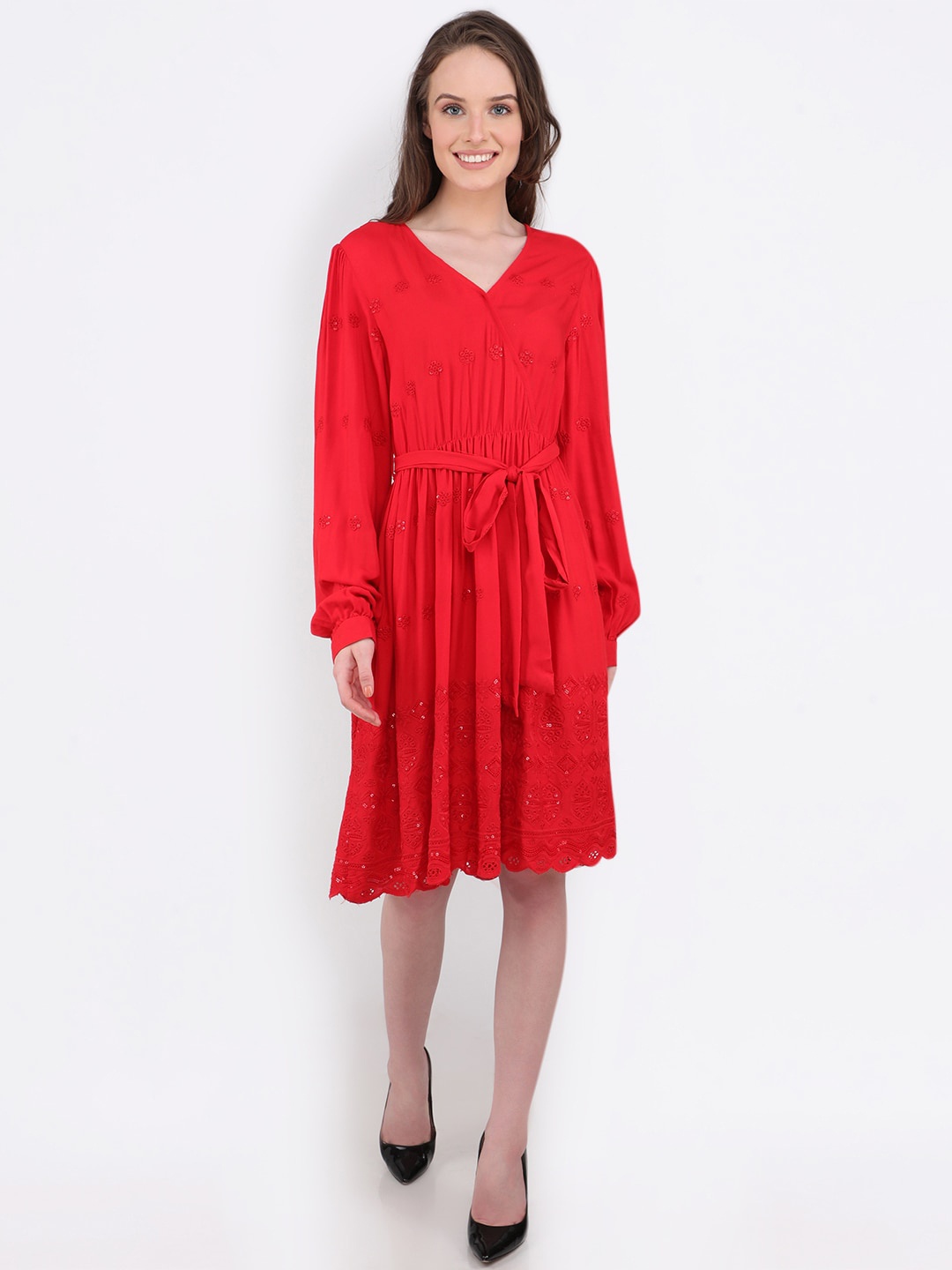 

MARC LOUIS Women Red Embroidered Long Sleeves Dress