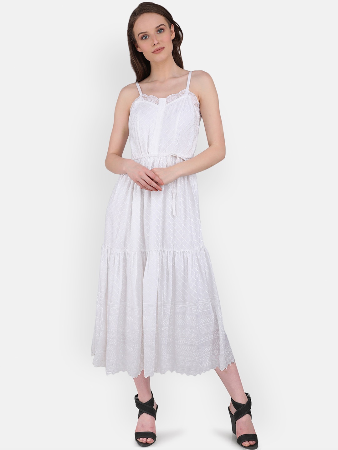 

MARC LOUIS White Embroidered Tiered A-Line Midi Dress