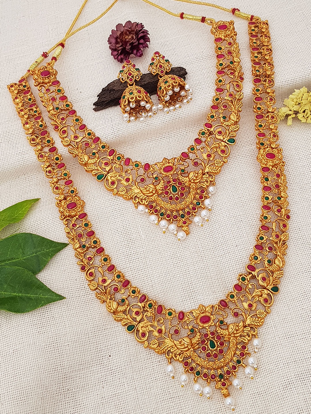 

GRIIHAM Gold-Plated Pink & Green AD-Studded & Beaded Jewellery Set