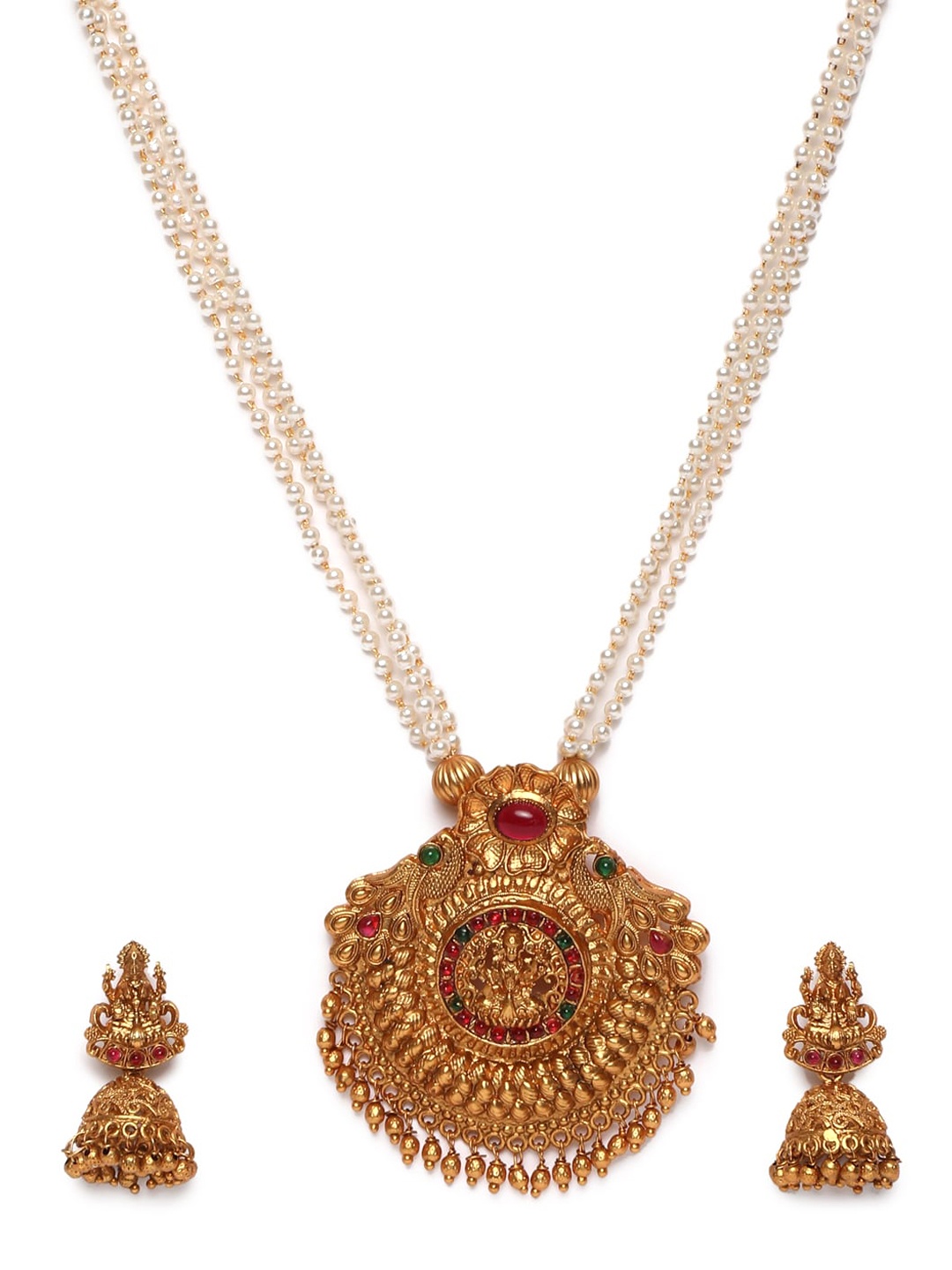 

GRIIHAM Gold-Plated AD-Studded & Pearl Beaded Temple Jewelry Set