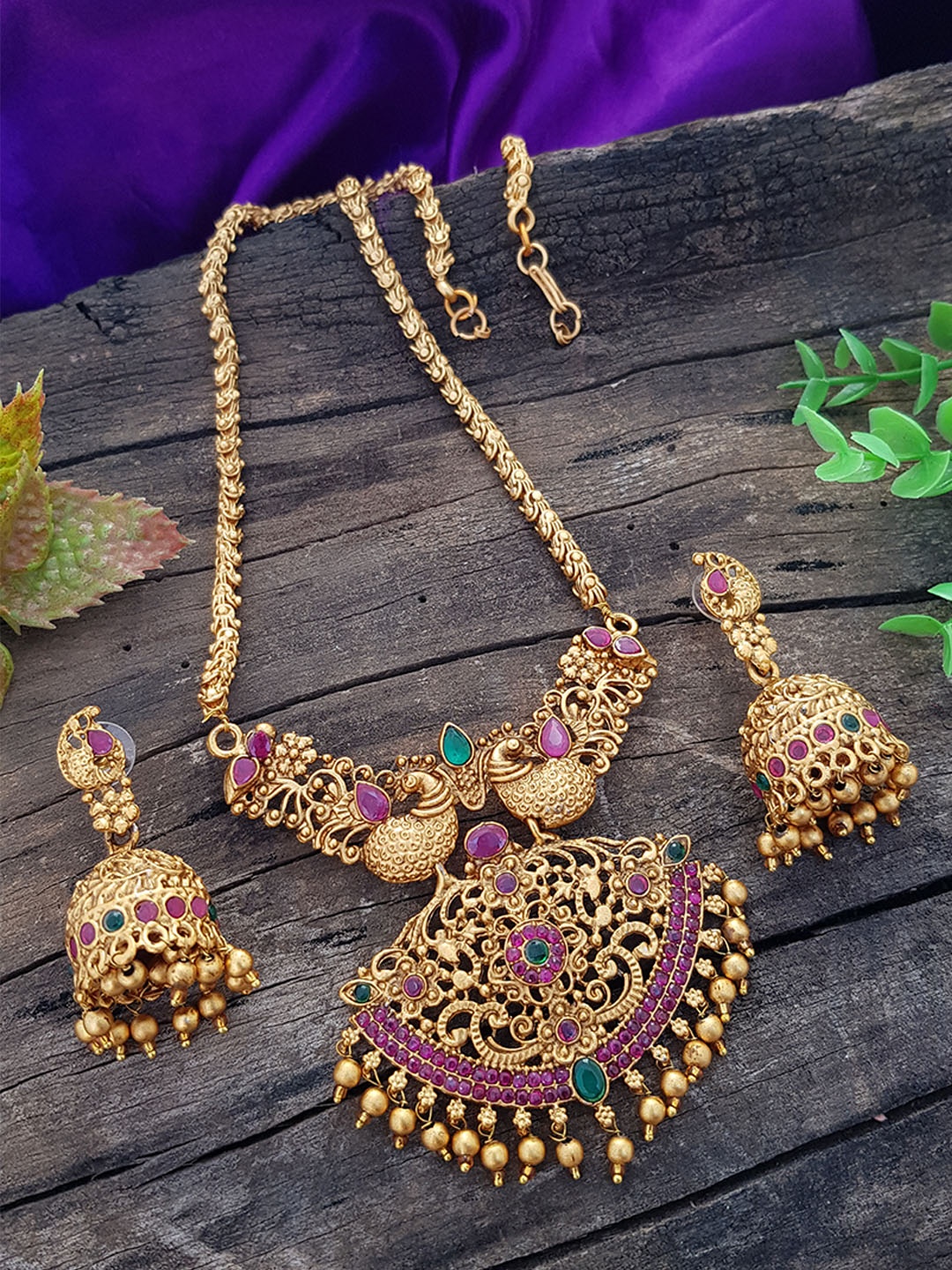 

GRIIHAM Gold Plated Pink & Green AD Stone Studded Jewellery Set