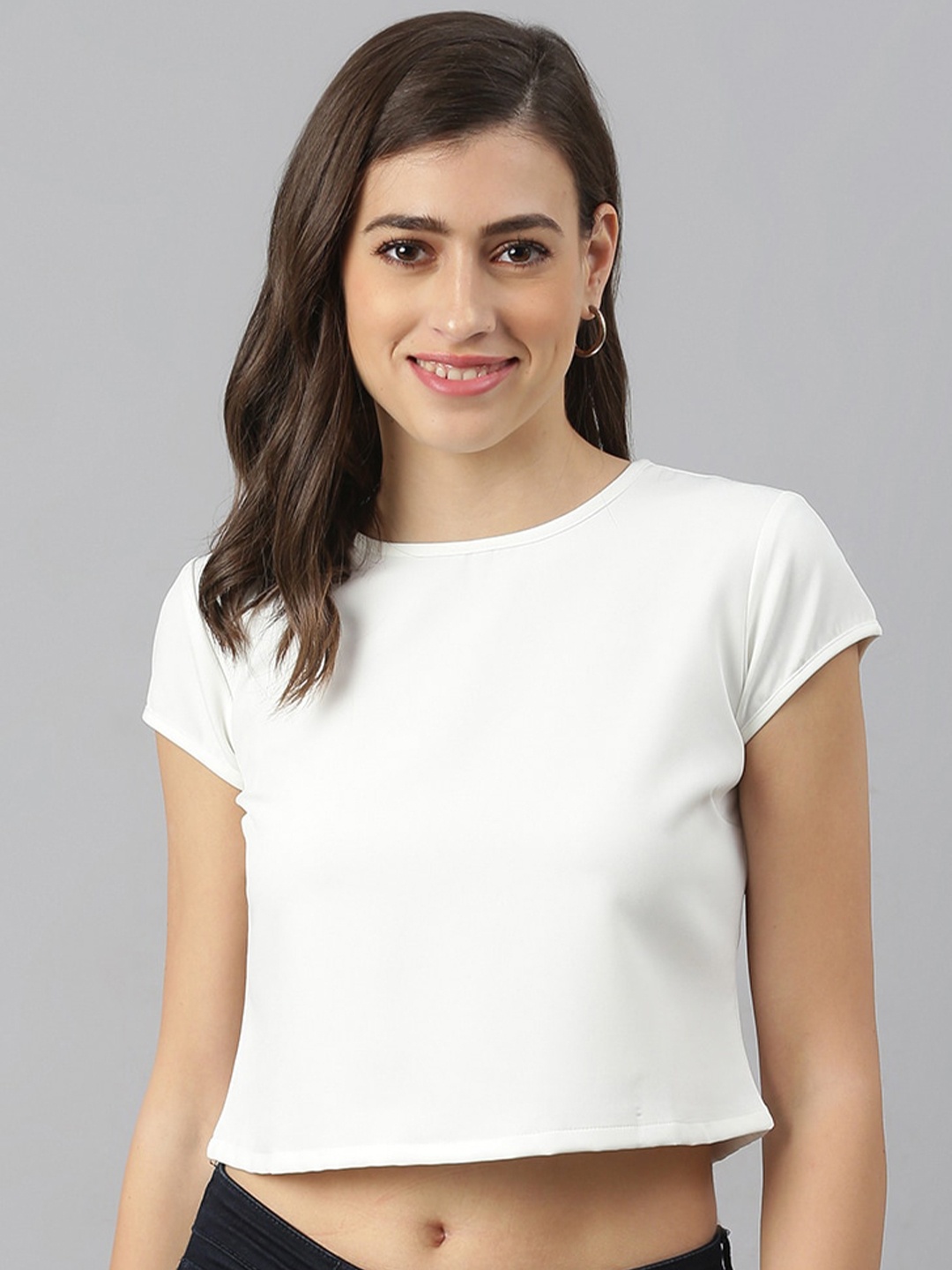 

Xpose White Solid Round Neck Cap Sleeves Crepe Boxy Crop Top