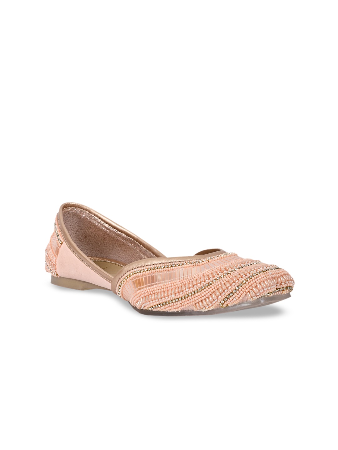 

Jove Women Peach-Coloured Embellished Leather Ethnic Mojaris Flats
