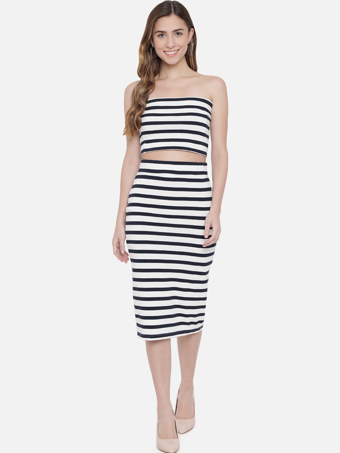 

Trend Arrest Women White & Black Striped Top with Skirt