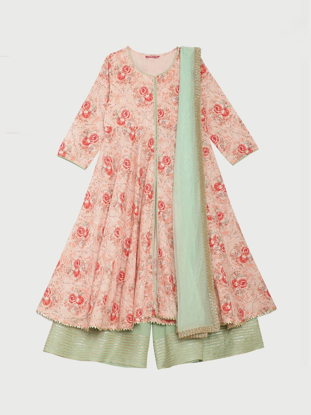 

Biba Girls Pink & Green Floral Printed Kurta with Palazzos & Dupatta