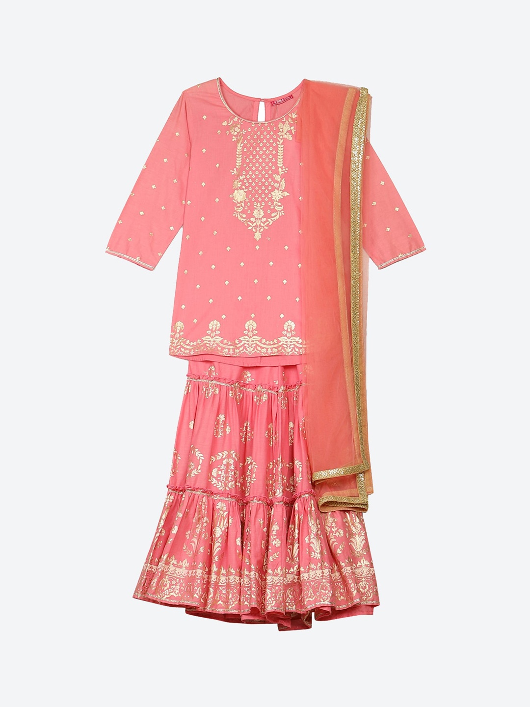 

Biba Girls Pink Ethnic Motifs Embroidered Pure Cotton Kurta with Sharara & Dupatta