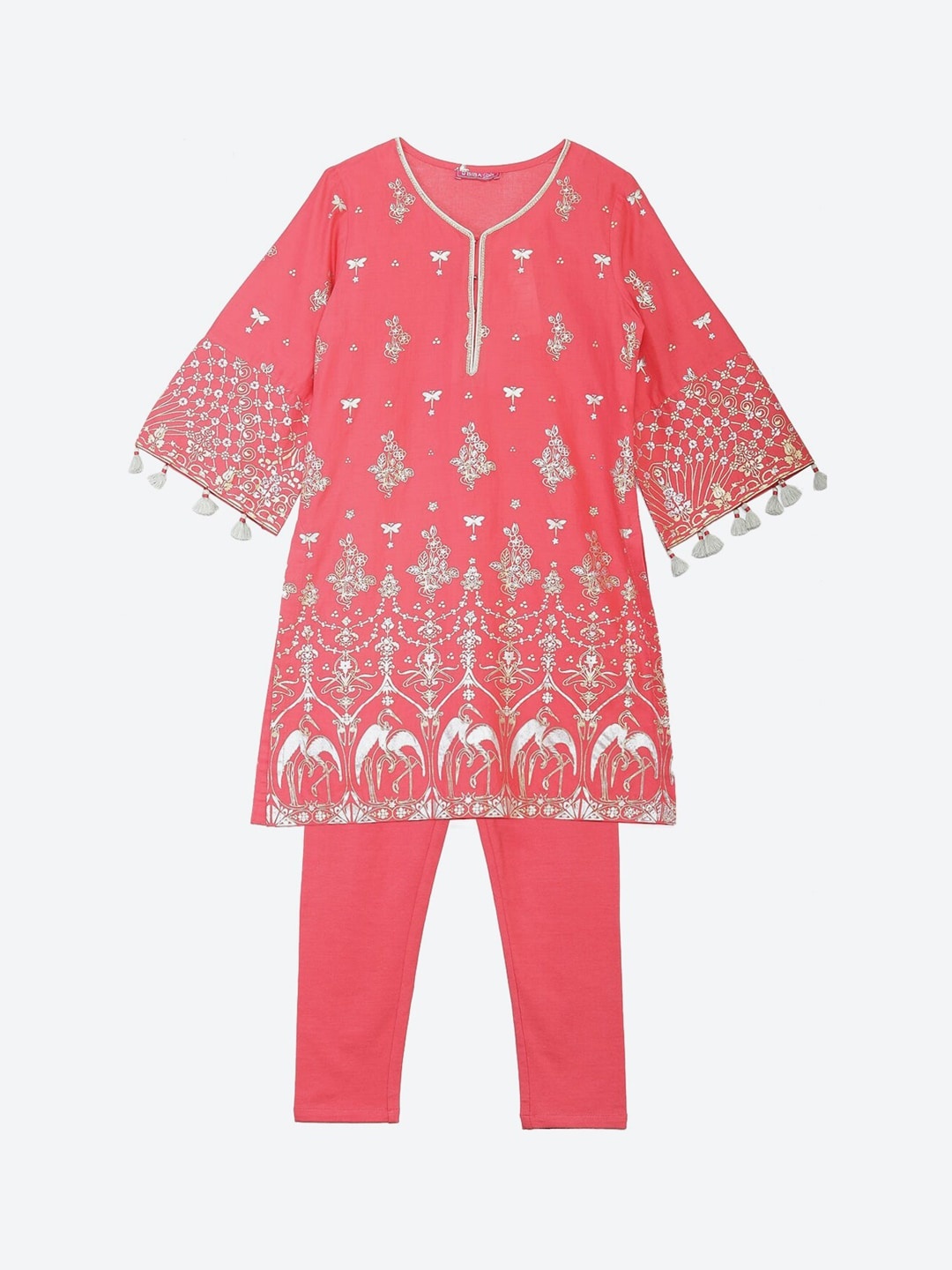 

Biba Girls Coral Floral Embellished Pure Cotton Kurta with Trousers