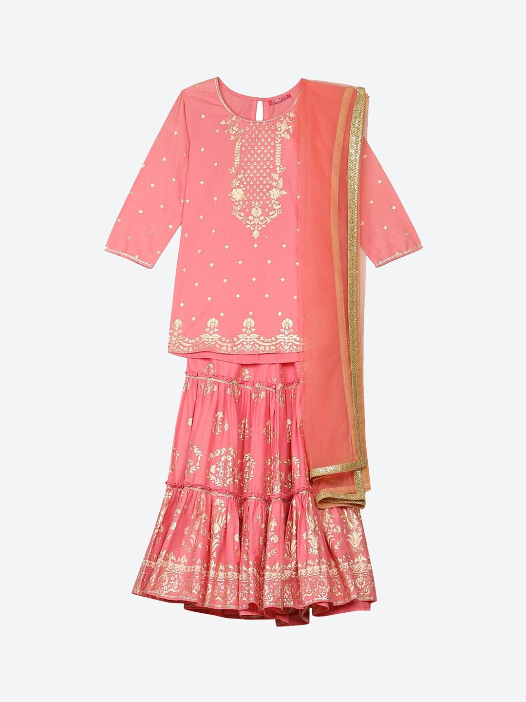 

Biba Girls Pink Ethnic Motifs Embroidered Pure Cotton Kurta with Sharara & Dupatta