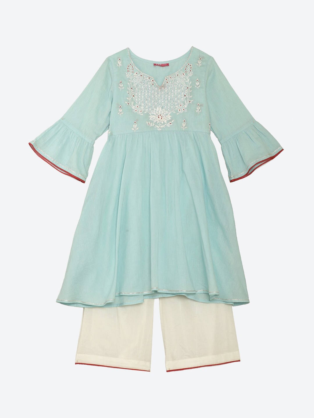 

Biba Girls Turquoise Blue Ethnic Motifs Yoke Design Empire Thread Work Pure Cotton Kurta with Palazzos &
