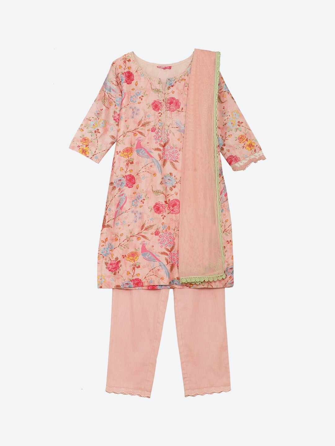 

Biba Girls Pink Floral Printed Pure Cotton Kurta With Trousers & Dupatta