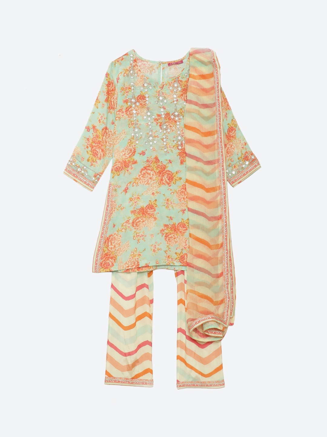 

Biba Girls Sea Green Floral Striped Kurti with Salwar & With Dupatta