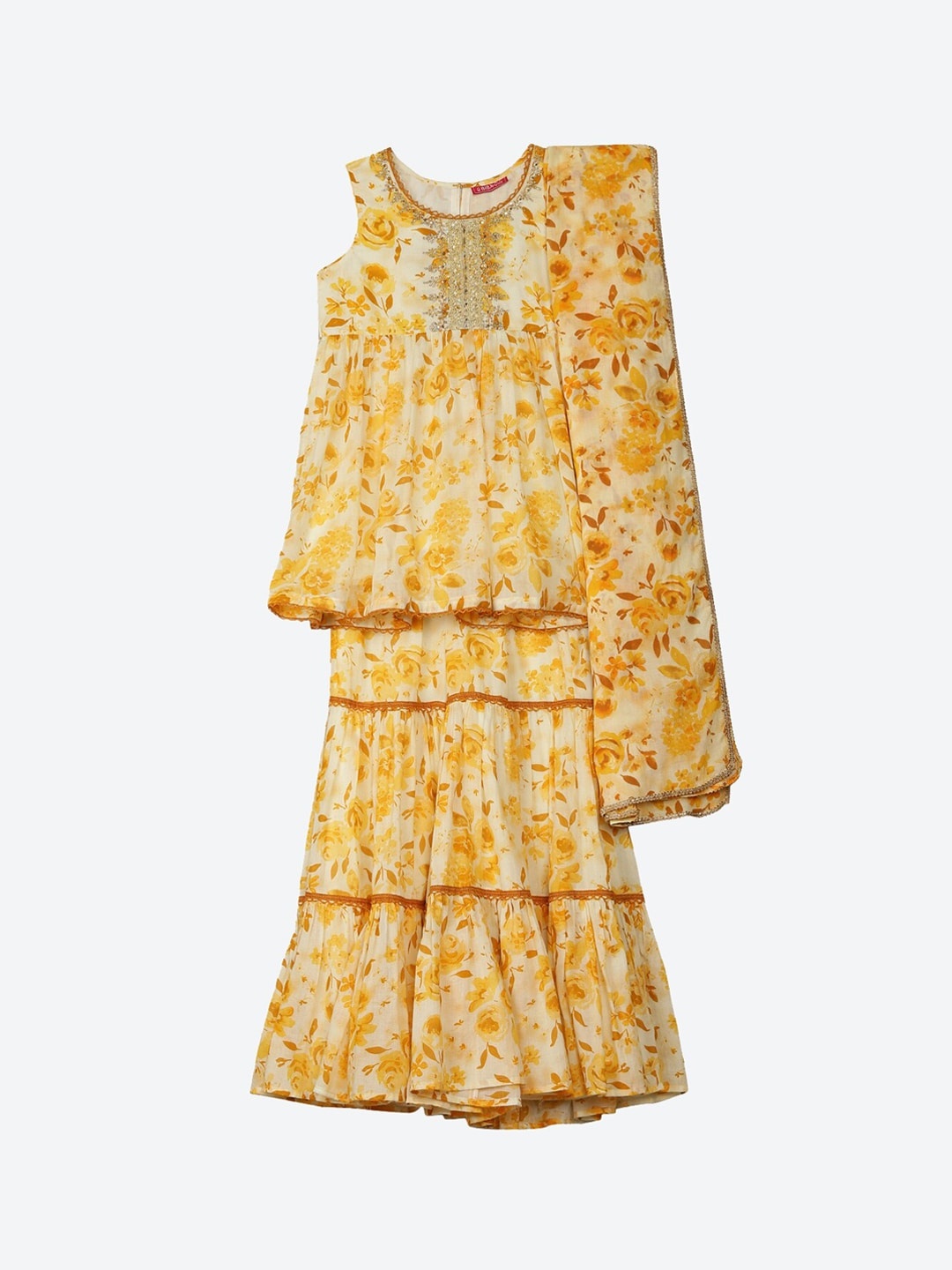 

Biba Girls Yellow Floral Printed Kurti & Skirt With Dupatta