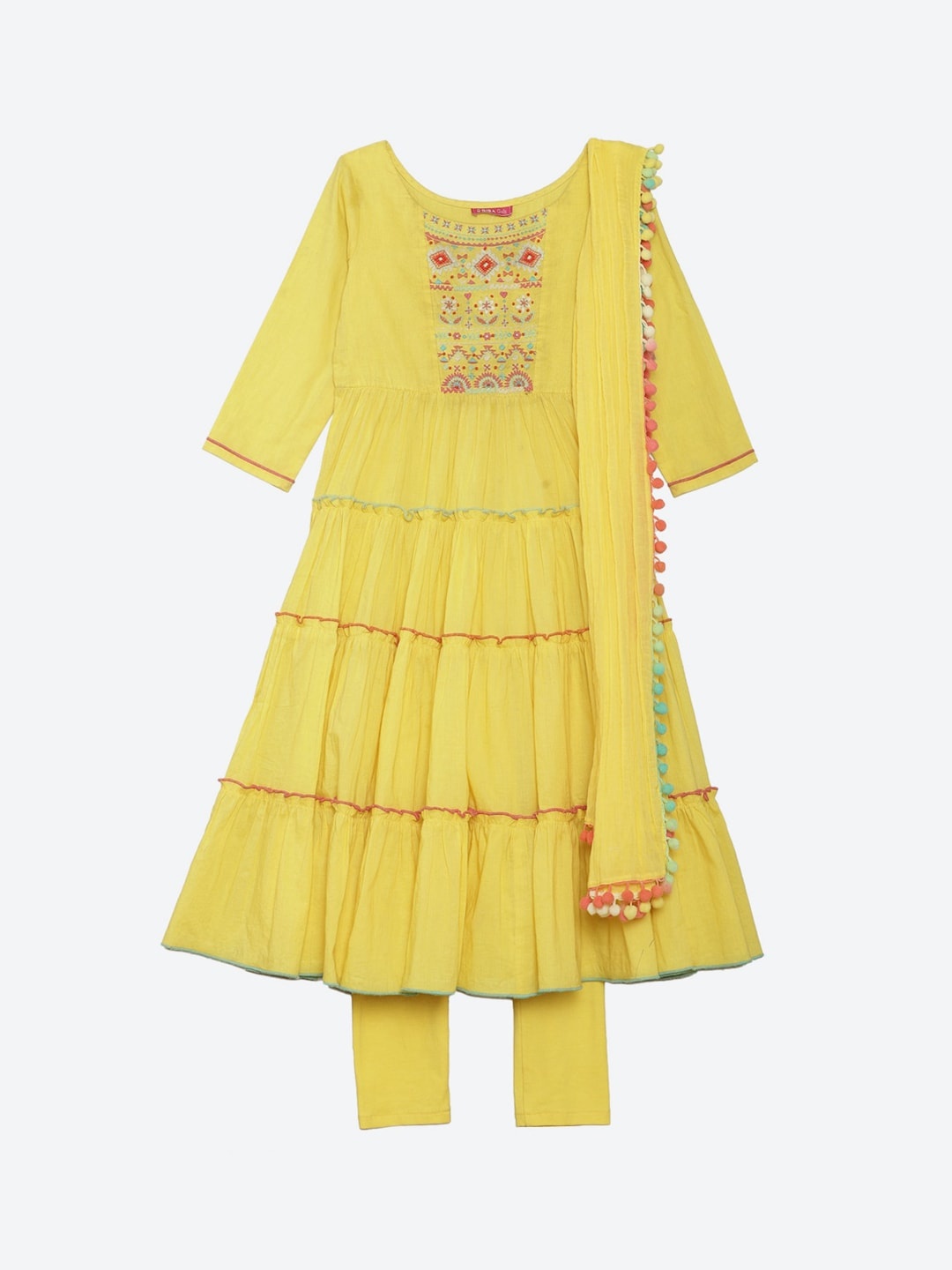 

Biba Girls Yellow & Pink Self Design Tiered Kurta With Churidar & Dupatta