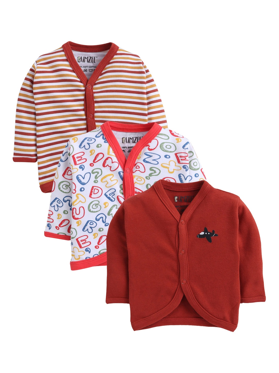 

BUMZEE Infant Boys Pack Of 3 Pure Combed Cotton Jhablas, Rust