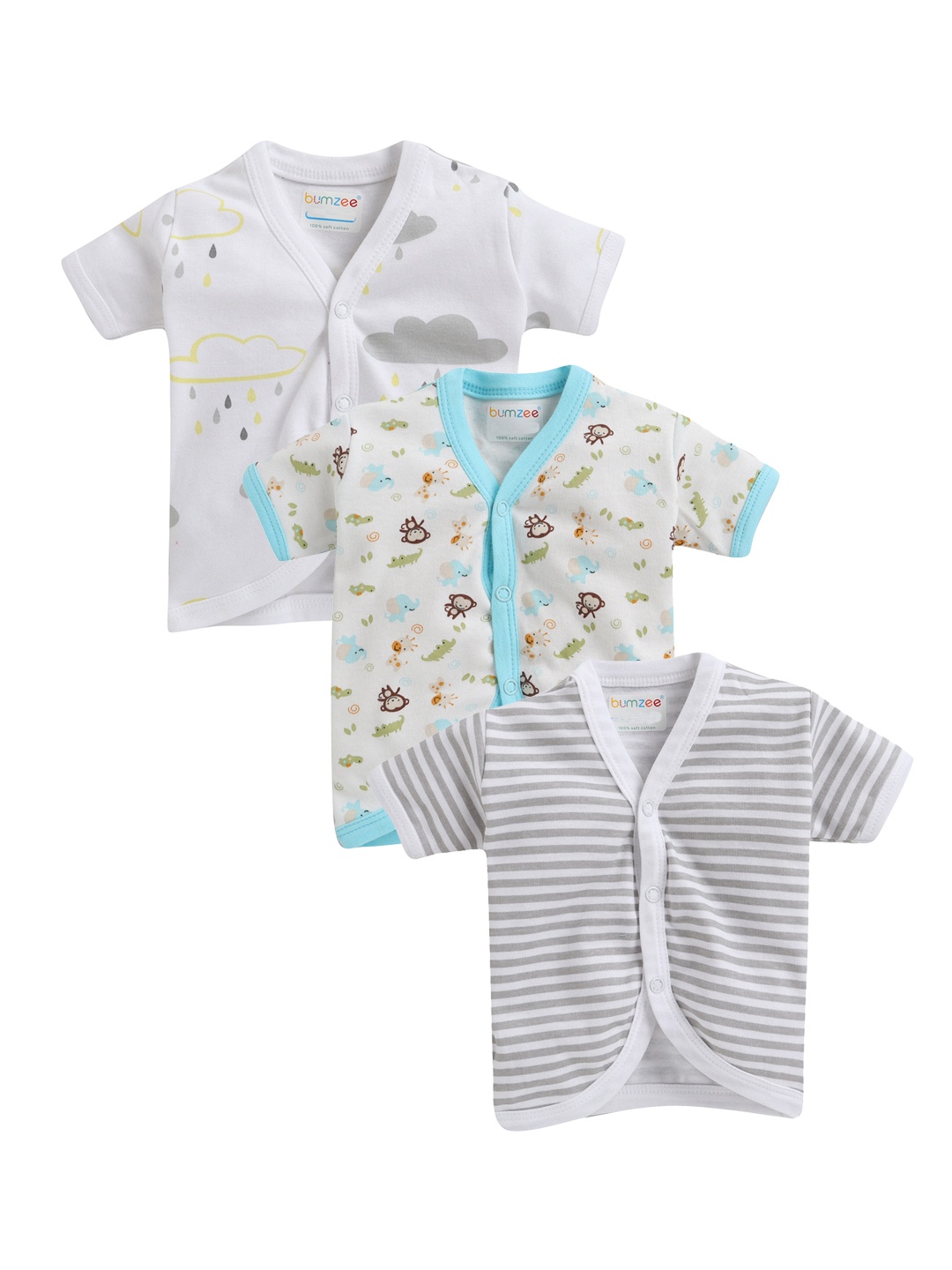 

BUMZEE Infant Boys Pack Of 3 Printed Pure Cotton Jhablas, White