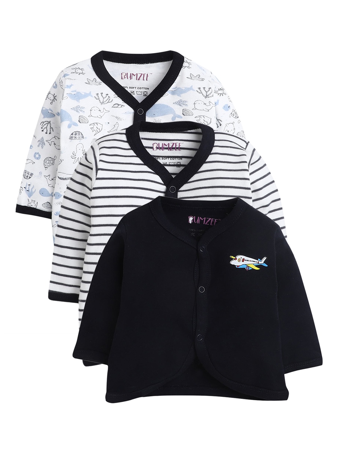 

BUMZEE Infant Boys Navy Blue & White Pack Of 3 Pure Combed Cotton Jhablas